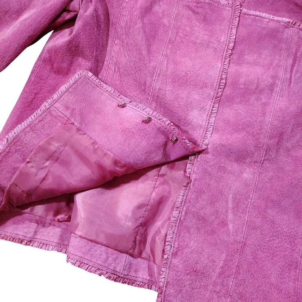 Pink Ruffle Suede Jacket Petite Size M Fitted Hook Front Y2K Feminine Soft Girl - Picture 4 of 8